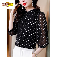 初徑時(shí)尚女裝波點(diǎn)雪紡衫春裝2025新款襯衫上衣女款減齡七分袖小衫 黑色 M 【80-100斤】
