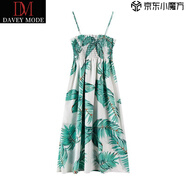DAVEY MODE2025新款無袖吊帶連衣裙女中長款夏季抹胸顯瘦碎花小清新小香風(fēng) 白底綠葉裙 S :70-80斤