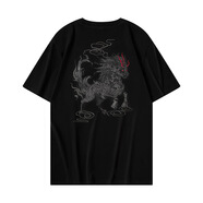 男生短袖體恤麒麟祥云刺繡印花圓領(lǐng)純棉寬松痞帥國(guó)潮半袖打底t恤 黑色 XXXL