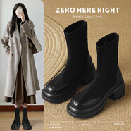 ZHR短靴女顯腳小高跟彈力瘦瘦靴女增高美拉德短靴 EH35 黑色 37 