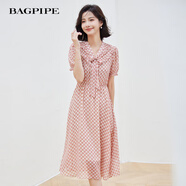 風笛（Bagpipe）風笛2024夏季新款女連衣裙v領蝴蝶結印花荷葉邊甜美減齡上衣溫柔 花色 S