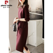 皮爾卡丹（pierre cardin）復古氣質(zhì)酒紅色系帶收腰毛衣裙秋冬季新款中長(cháng)款開(kāi)叉針織連衣裙女 深酒紅色 XL