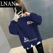 LNAN女裝卡通衛(wèi)衣女2025新款春秋裝韓版百搭寬松薄款假兩件印花上衣 藏藍(lán)色-小白兔白字 2XL_建議140-160斤
