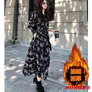 事思加絨加厚雪紡碎花連衣裙秋冬新款長(cháng)款打底裙裙子內搭打底裙子 碎花. 全身加絨 XL 116-125斤