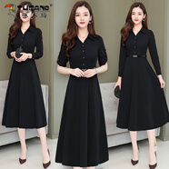 啄木鳥(niǎo)氣質(zhì)收腰媽媽裝春秋連衣裙女中長(cháng)款韓版polo領(lǐng)中年大碼長(cháng)袖大擺裙 黑色【連衣裙】 M（建議80-95斤）