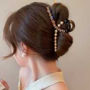 俏三歲高級感韓版珍珠鑲鉆抓夾輕奢閃鉆鯊魚(yú)夾2025新款后腦勺盤(pán)發(fā)夾發(fā)卡 咖色珍珠鑲鉆抓夾