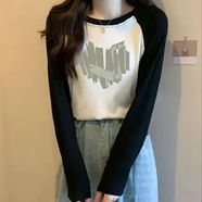 歐洛黛長袖t恤女春秋裝女新款洋氣遮肚子顯瘦時尚插肩袖百搭秋季女上衣 白色綠愛心-長袖 XL