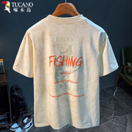 啄木鳥(niǎo)（TUCANO）美式寬松短袖T恤男重磅潮流印花圓領(lǐng)夏季上衣體恤落肩半袖男衣服 杏色 【做舊印花介意勿拍】 L 【建議140-150斤】