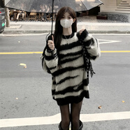 紫昕月黑白條紋馬海毛衣女秋冬加厚2025新款寬松慵懶風(fēng)百搭中長款針織衫 圖片色 加厚 M