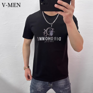 V-MENVMEN威曼短袖t恤男夏季圓領(lǐng)新款男士修身潮流燙印字母?jìng)€(gè)性上衣 黑色 165/S