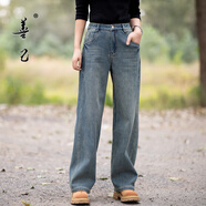 善己寬松高腰加絨直筒牛仔褲女2023秋冬新款百搭休閑加厚闊腿長(cháng)褲 牛仔藍 S 【預售到1月6日發(fā)】