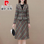 皮爾卡丹（pierre cardin）小香風(fēng)兩件套裝連衣裙女秋冬2024新款爆款今年流行毛呢外套裙子 格子 M 建議85-105斤左右