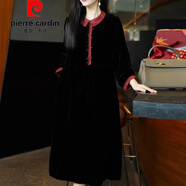 皮爾卡丹（pierre cardin）官方高端絲絨連衣裙女春秋2025年新款氣質(zhì)翻領(lǐng)絲金絲絨過膝裙 品牌旗艦黑色 XL