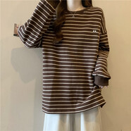 蕭遇（XIAOYU）中長(zhǎng)款條紋長(zhǎng)袖T恤女秋冬內(nèi)搭德絨打底衫寬松上衣潮 咖啡色 L