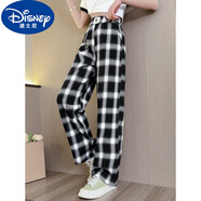 迪士尼（Disney）夏天女童冰絲褲子夏季薄款大童時髦洋氣小女孩夏款長褲兒童闊腿褲 黑白格子 120碼建議身高115cm