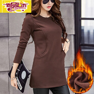 初徑秋冬季純棉中長(cháng)款加絨加厚長(cháng)袖恤女韓版修身包臀保暖上衣打底衫 咖啡加絨加厚 (有口袋) L 建議95-105斤