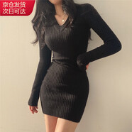 確彤性感V領(lǐng)長(cháng)袖針織連衣裙女春秋百搭小個(gè)子修身緊身毛衣打底包臀裙 黑色 均碼