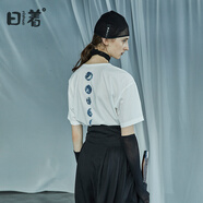 日著原創(chuàng)設計女裝2024夏季新款簡約短袖上衣殘月植絨印花T恤 晨早白 S
