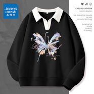 真維斯（JEANSWEST）衛(wèi)衣女外套春秋冬季新款polo領(lǐng)撞色寬松上衣服女生長袖設(shè)計(jì)感女裝 黑色 淡彩蝴蝶 S 【推薦體重80-100斤】