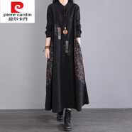 皮爾卡丹（pierre cardin）針織春秋連衣裙民族風(fēng)女2025新款長款冬季加絨長裙寬松休閑氣質(zhì)裙 黑色 M 85-105斤