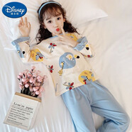 迪士尼（Disney）童裝兒童睡衣2024春秋季棉女童家居服套裝女大童薄款家居服套裝 C12長袖小象藍色 140_建議身高1.3米