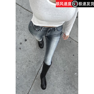 波之興韓國新款復古水洗磨白藍色小腳牛仔褲女士高腰修身緊身鉛筆九分褲 復古色 XS