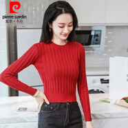 皮爾卡丹（pierre cardin）新款秋冬緊身高腰打底衫短款小個子上衣麻花毛衣女加厚圓領(lǐng)針織衫 酒紅色 M 90-102斤