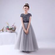 卟先生兒童禮服新款歐美風(fēng)公主裙鋼琴演奏禮服女童主持人禮服蓬蓬紗亮 銀色 110 cm