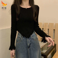 咚憬2025春秋新款不規(guī)則流蘇長袖打底毛衣針織衫女內(nèi)搭設(shè)計感短款上衣 黑色 均碼