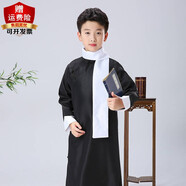 勤思路兒童相聲演出服裝五四民國大褂男童說(shuō)書(shū)人中式漢服長(cháng)袍伴郎表演服 黑色+白色圍巾 160