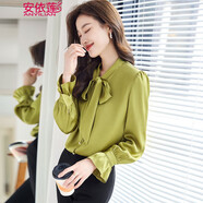 安依蓮醋酸緞面襯衫女蝴蝶結春秋季設計感2025時(shí)尚洋氣飄帶長(cháng)袖雪紡襯衣 XN6761綠色襯衫+黑色喇叭褲 S