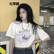 元萍穎短袖T恤女夏季打底上衣短款T恤女美式辣妹高腰短袖夏季露臍新款in 白色(暗黑系小熊) M 86-105斤
