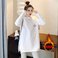 南啵丸純棉長(cháng)袖T恤女開(kāi)叉春秋冬加厚內搭加絨打底衫中長(cháng)款遮屁股上衣ins 笑臉白色加厚 M 95115斤