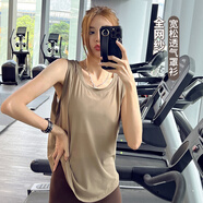 KEJIMITAO歐美ins無(wú)袖寬松運動(dòng)背心外穿網(wǎng)紗瑜伽罩衫遮臀顯瘦跑步訓練上衣 可可色 L