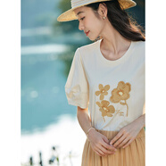 茵曼（INMAN）時(shí)尚法式T恤23夏季女新款遮肉圓領(lǐng)繡花短袖上衣 淺米杏 S