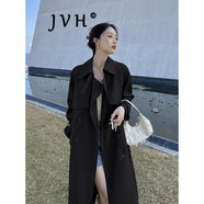 JVH 香港潮牌開叉中長款風(fēng)衣女 2025春季新款英倫風(fēng)休閑雙排扣外套 黑色 M 【110-120斤】