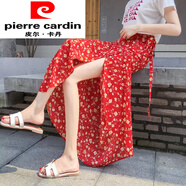 皮爾卡丹（pierre cardin）碎花雪紡裙女夏季24新款高腰系帶一片式裹裙半身裙中長款包臀裙 紅色小黃花 均碼