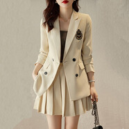 韓依索絲小西裝外套女套裝百褶短裙春秋職業(yè)高級感炸街氣質(zhì)套裙女裝小西服 杏白西裝+短裙 M 可以94-105斤