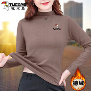啄木鳥雙面德絨半高領(lǐng)打底衫女春季2025春秋內(nèi)搭加厚長(zhǎng)袖t恤上衣 棕色（印鳥） XL 建議115斤-125斤