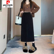 皮爾卡丹（pierre cardin）燈芯絨半身裙女秋冬季新款裙子松緊高腰a字中長裙開叉顯瘦加絨裙 黑色#【春秋】 薄款 XL 建議121-135斤