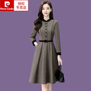 皮爾卡丹（pierre cardin）毛呢長(zhǎng)袖連衣裙女2023冬季新款修身中長(zhǎng)裙內(nèi)搭保暖格子a字打底裙 咖啡色 2XL