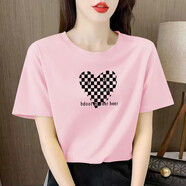 依衣尼純棉短袖t恤女2023夏季新款女裝圓領(lǐng)體恤韓版寬松顯瘦半袖 粉色圓領(lǐng)【愛心棋盤格】 M 【推薦105-115斤穿著】