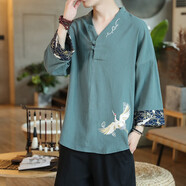 管先生中國風(fēng)亞麻七分袖T恤男寬松大碼仙鶴刺繡復(fù)古棉麻t恤潮男盤扣上衣 YM912煙灰藍(lán) 2XL