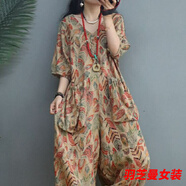 顧夕岑復(fù)古印花棉麻連體褲女夏季新款V領(lǐng)顯瘦寬松大碼洋籠褲潮 樹葉 xxl140-160