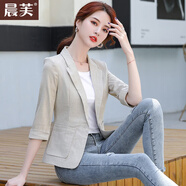 晨芙休閑小西裝外套女七分袖夏季薄款時(shí)尚修身短款小個(gè)子氣質(zhì)西服上衣 杏色 S 建議80-90斤
