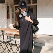 美洋（MEIYANG）星星眼連衣裙 25年春寬松圓領(lǐng)印花字母長(cháng)/短袖T恤裙 黑色（長(cháng)袖短版） 均碼