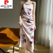 皮爾卡丹（pierre cardin）質(zhì)感綢面連衣裙女夏季真|絲長(cháng)款a字裙子醋酸高級感花色開(kāi)叉吊帶裙 紅牡丹 L胸圍92
