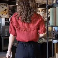 美充充 牛仔半身裙女荷葉邊娃娃領(lǐng)白色襯衫牛仔半身裙套裝女2022夏季百 酒紅色襯衫【單件】 XL 建議110-120斤