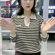 皮爾卡丹2025春秋季新款條紋長(zhǎng)袖T恤女翻領(lǐng)上衣顯瘦減齡打底衫 米白色 4XL 145-155斤