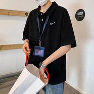 舍里甲人POLO衫男短袖港風(fēng)翻領(lǐng).T恤ins潮牌半袖情侶裝夏季五分袖體恤上衣 009黑色-小勾字 2XL 建議體重  140-155斤